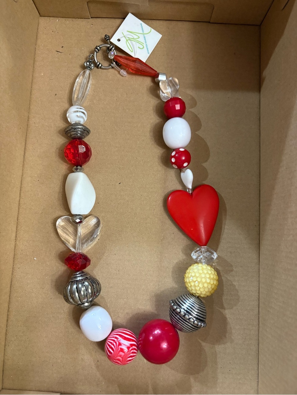 Red & White Beaded Necklace with Silver Accents - Unbranded